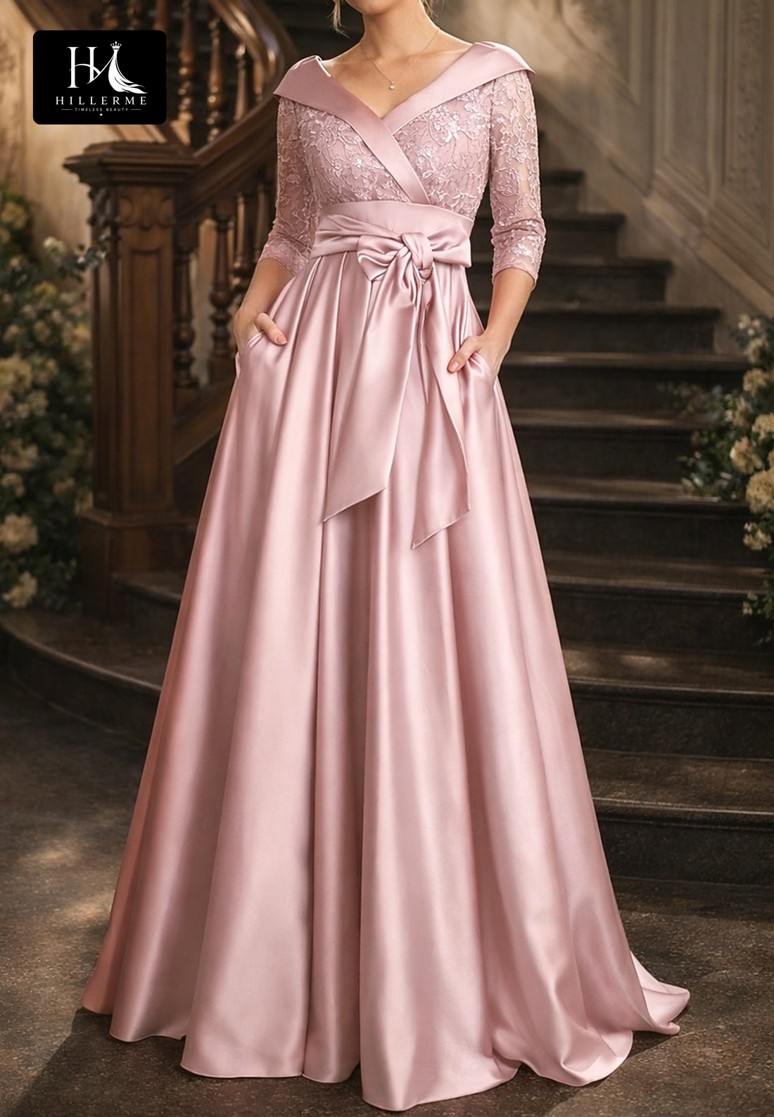 Satin Sequined Appliqué A-Line Mother of the Bride Dress with V-Neck and 3/4 Sleeves