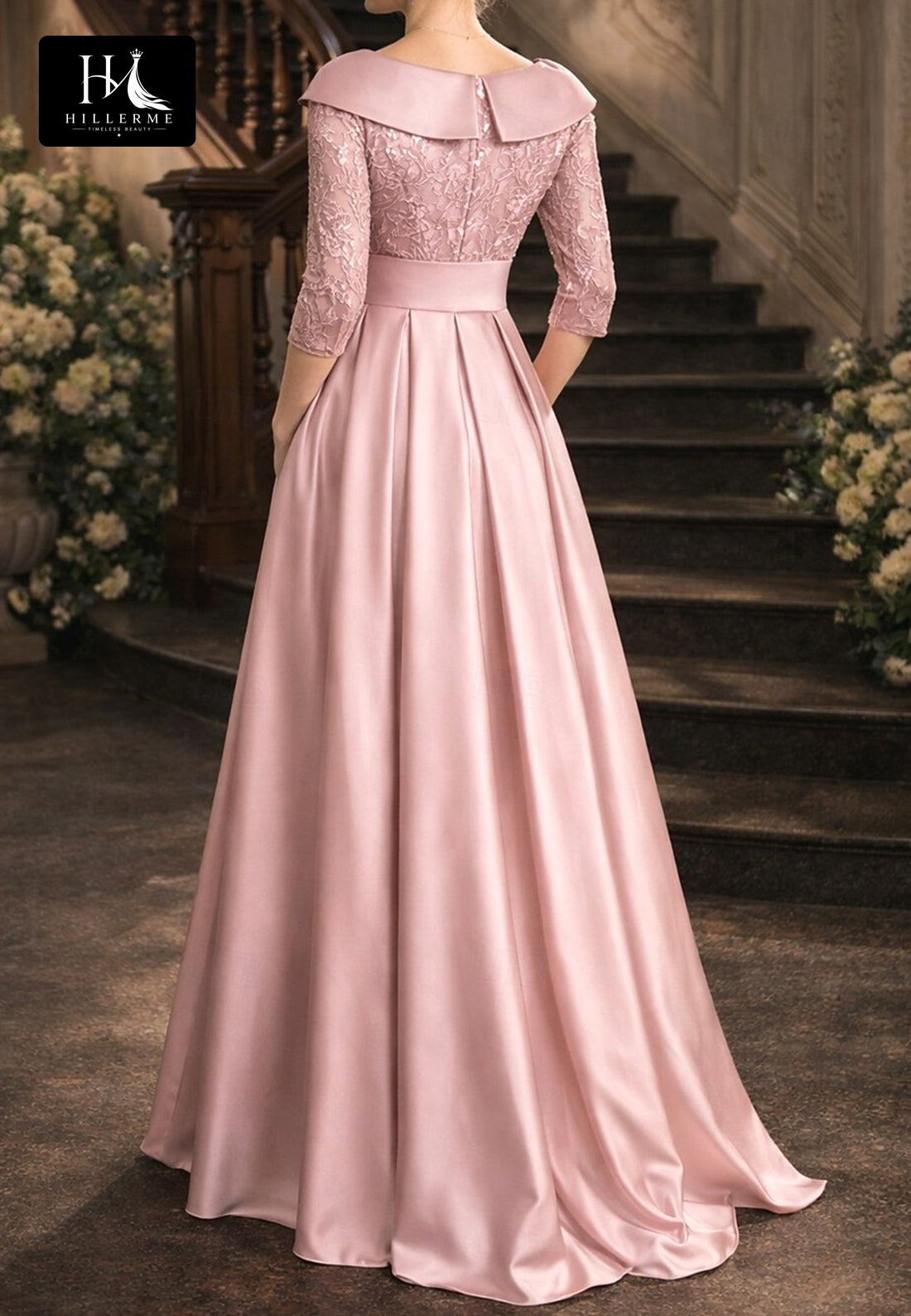 Satin Sequined Appliqué A-Line Mother of the Bride Dress with V-Neck and 3/4 Sleeves