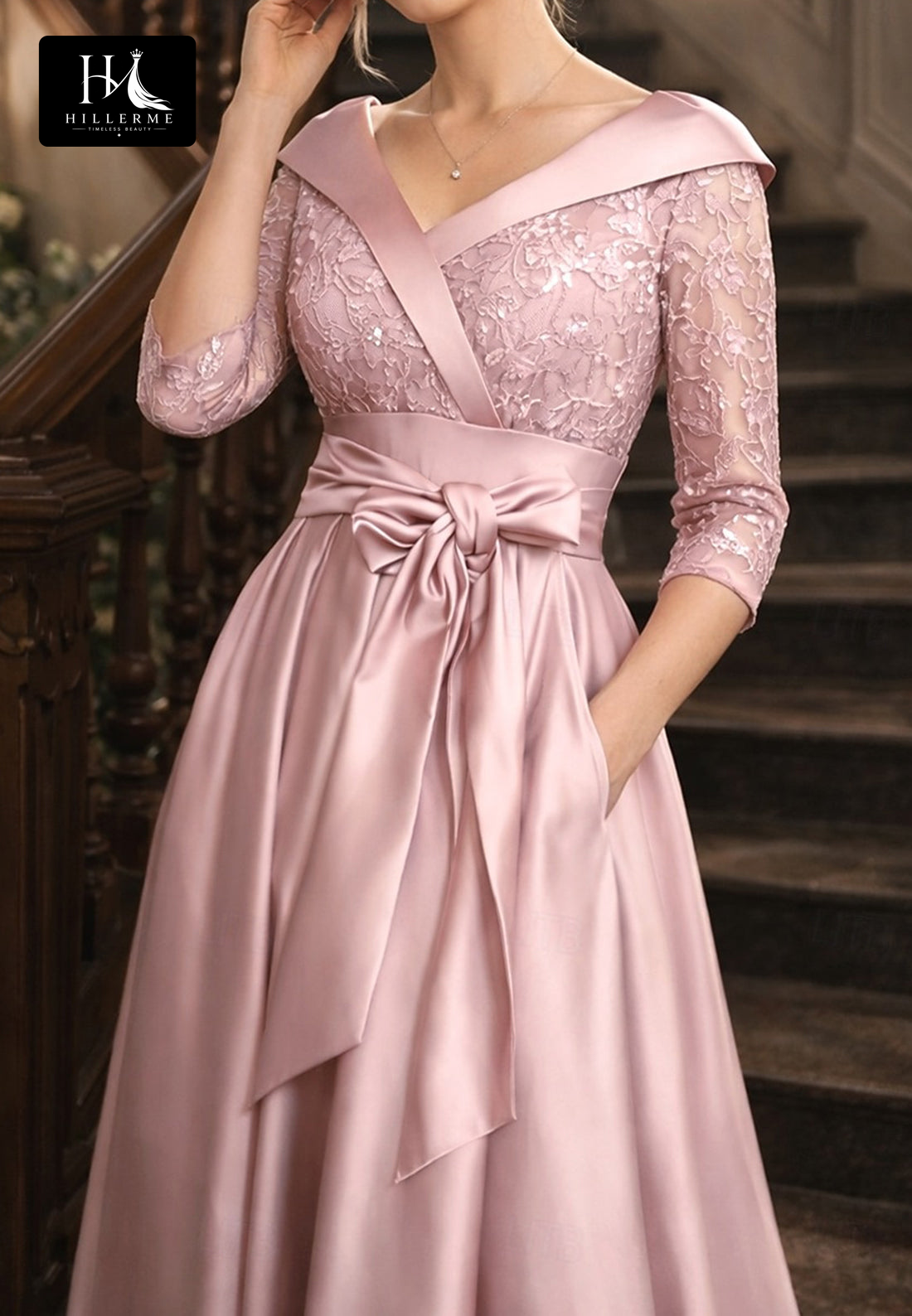 Satin Sequined Appliqué A-Line Mother of the Bride Dress with V-Neck and 3/4 Sleeves