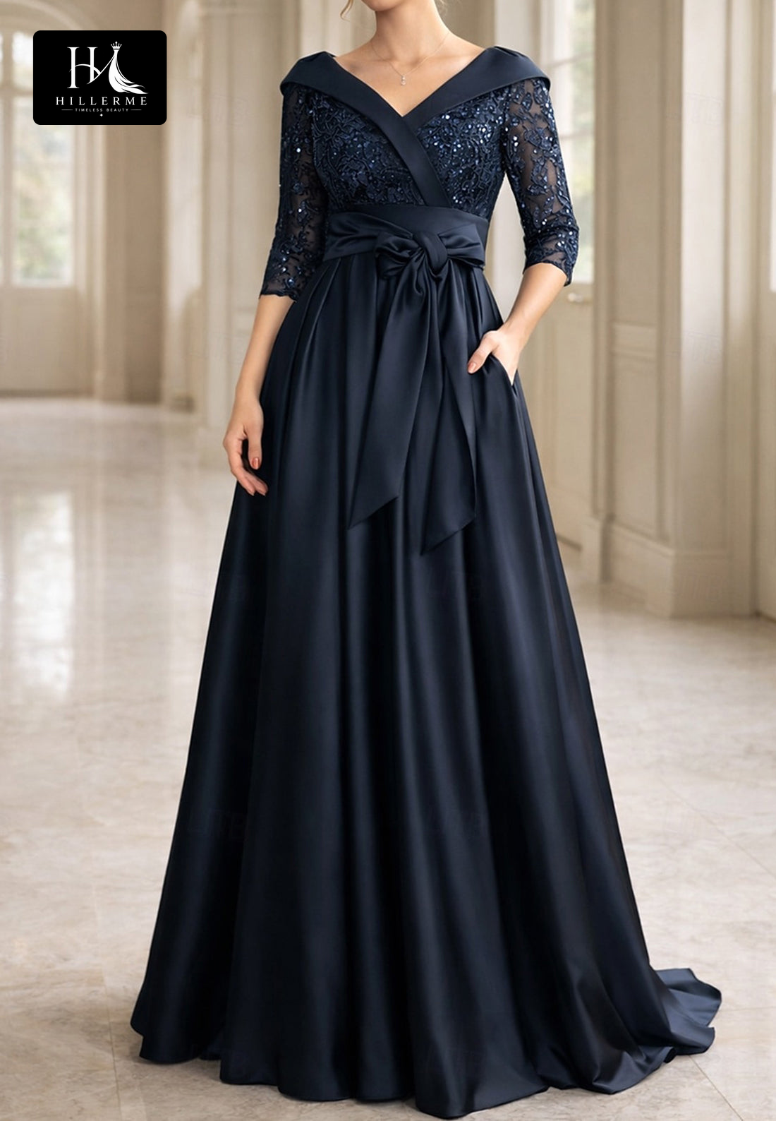 Satin Sequined Appliqué A-Line Mother of the Bride Dress with V-Neck and 3/4 Sleeves
