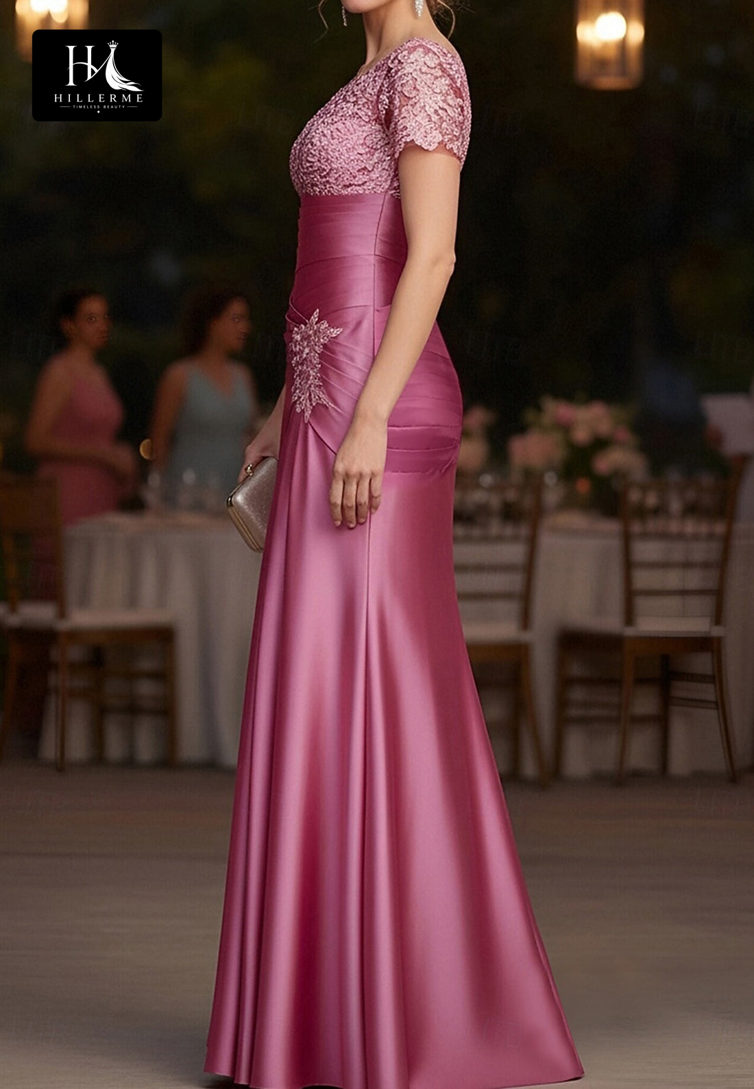 V-Neck Short-Sleeve Beaded Sequined Applique Satin Mermaid Mother of the Bride Dress