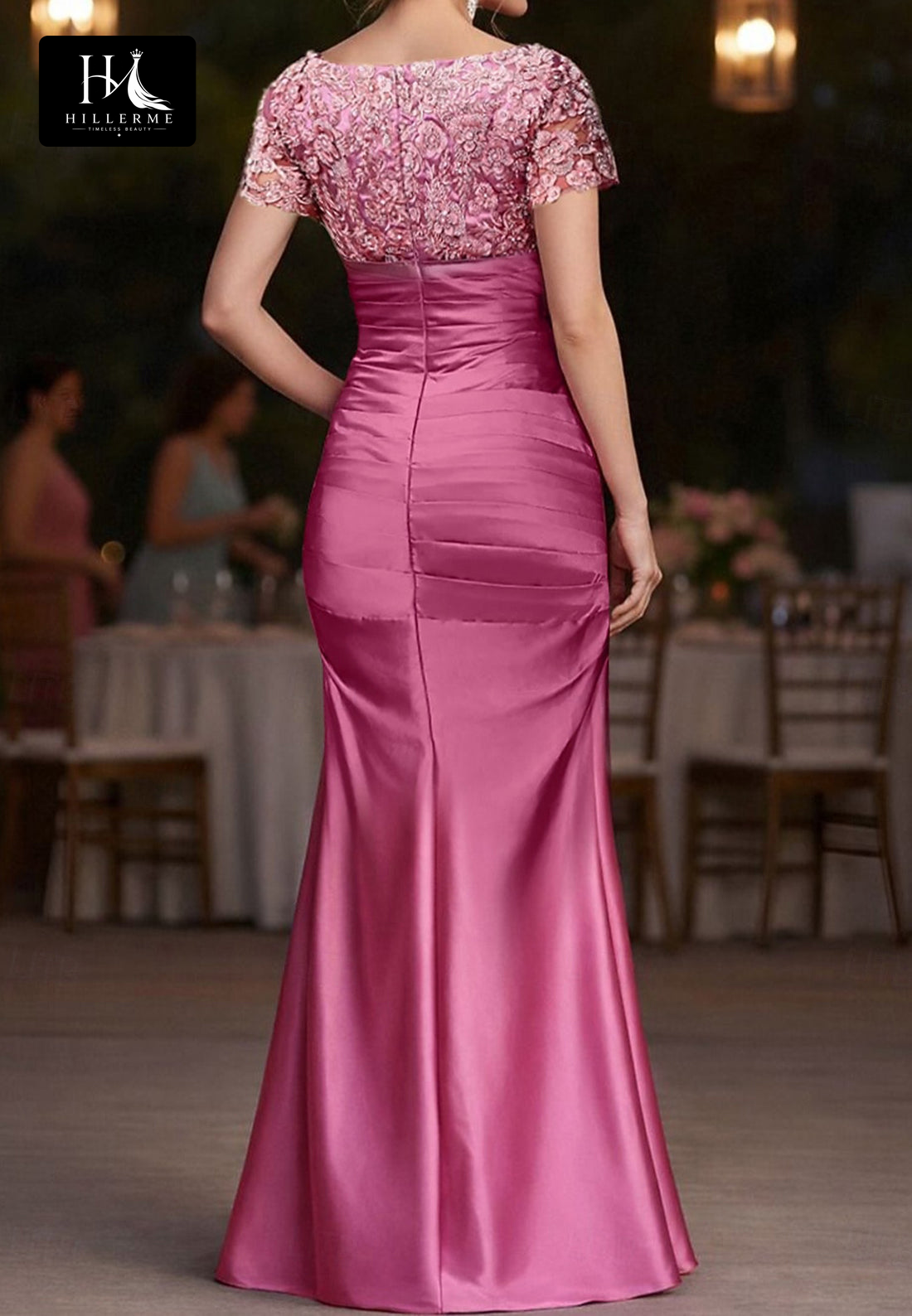 V-Neck Short-Sleeve Beaded Sequined Applique Satin Mermaid Mother of the Bride Dress