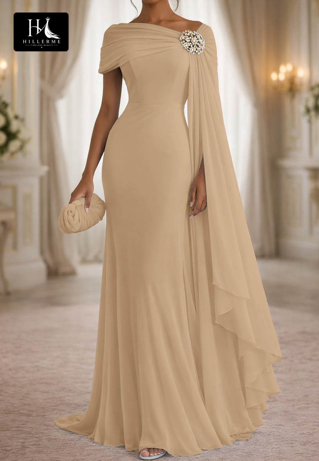 Asymmetrical-Neck Sleeveless Beaded Chiffon Pleated Mermaid Mother of the Bride Dress