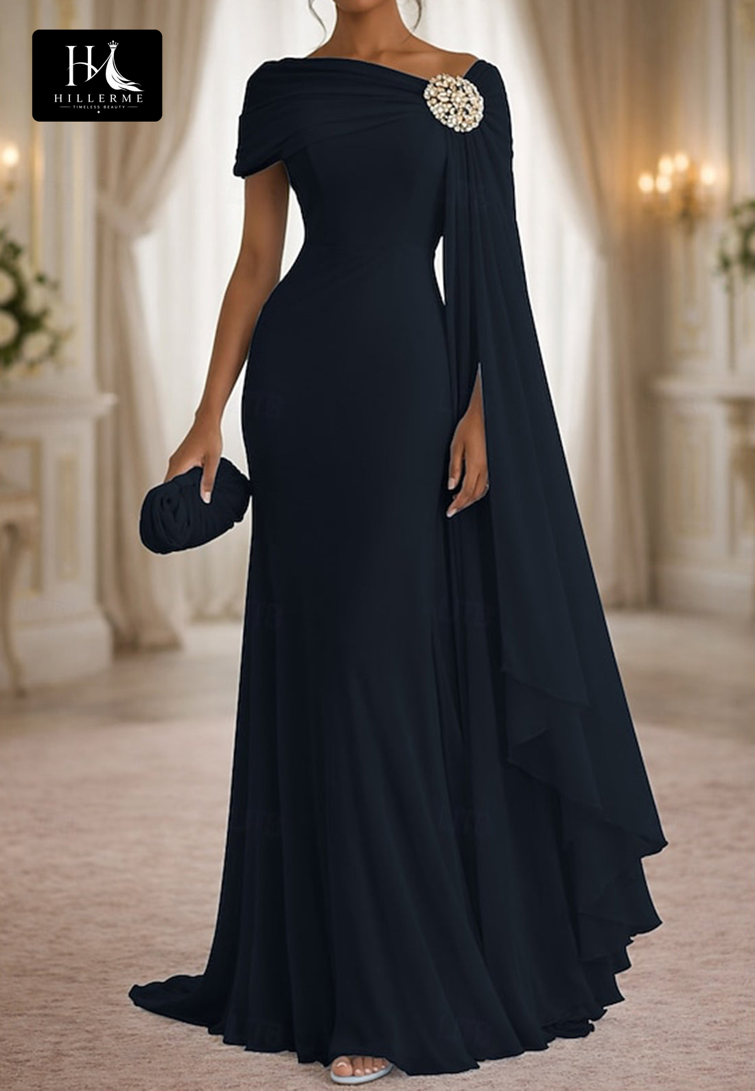 Asymmetrical-Neck Sleeveless Beaded Chiffon Pleated Mermaid Mother of the Bride Dress