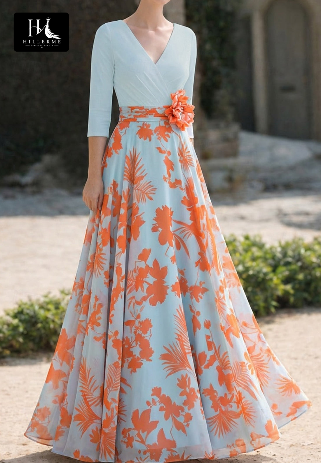 V-Neck 3/4-Sleeve Floral-Embellished Chiffon Pleated A-Line Mother of the Bride Dress