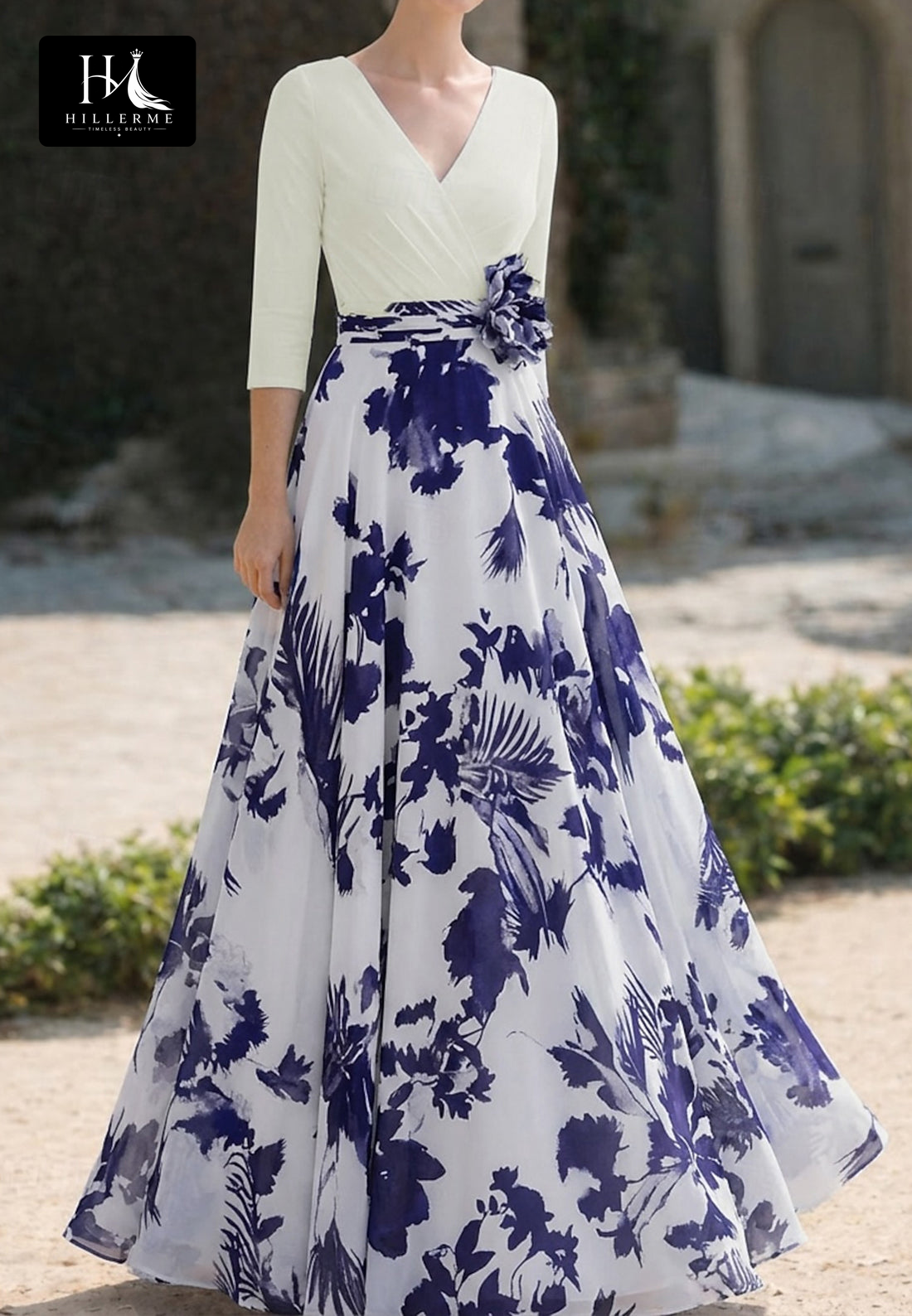 V-Neck 3/4-Sleeve Floral-Embellished Chiffon Pleated A-Line Mother of the Bride Dress