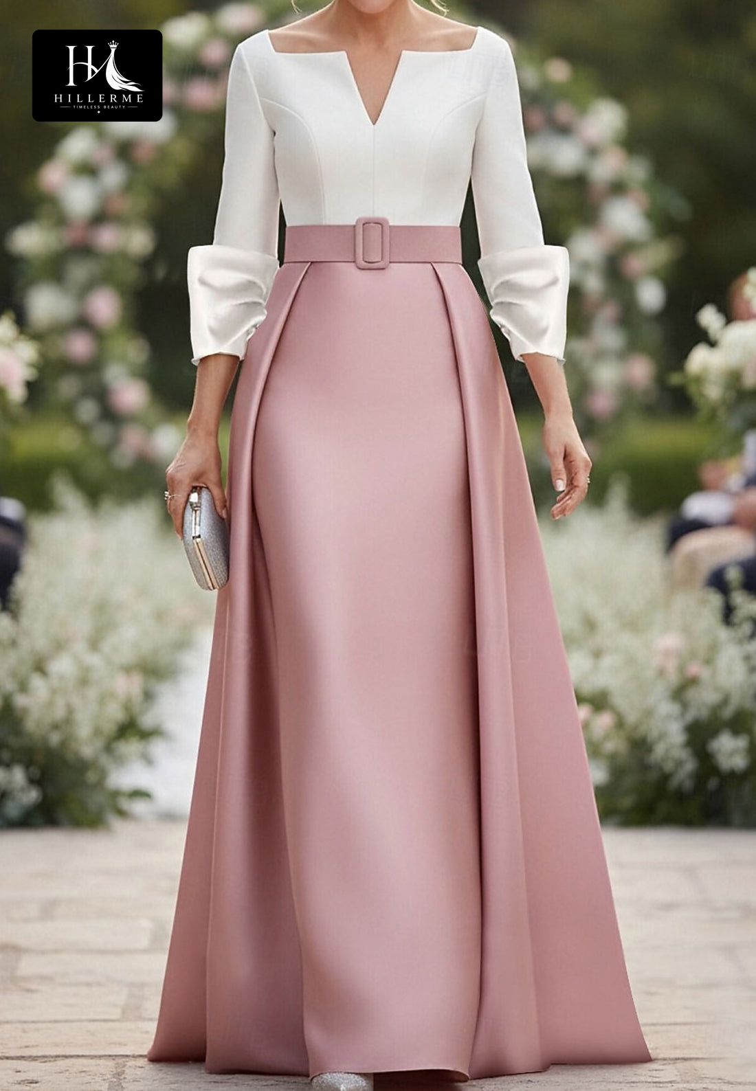 Strapless V-Neck 3/4-Sleeve Two-Tone Satin Floor-Length Mermaid Mother of the Bride Dress