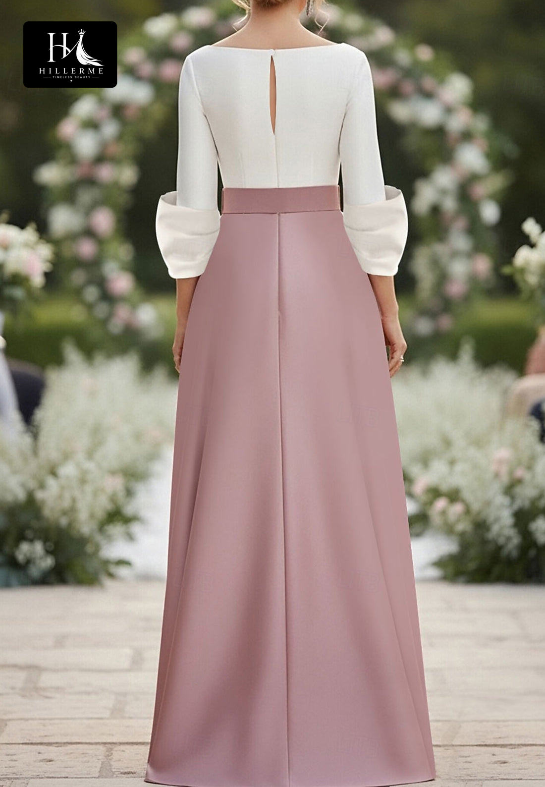 Strapless V-Neck 3/4-Sleeve Two-Tone Satin Floor-Length Mermaid Mother of the Bride Dress