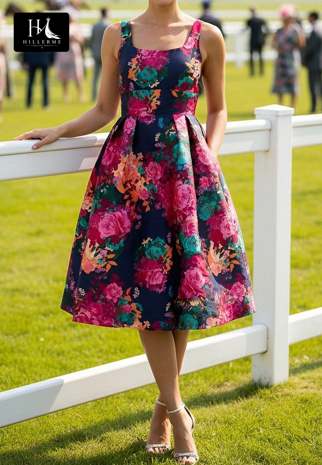 Square-Neck Sleeveless Sequined Print-Satin Tea-Length A-Line Mother of the Bride Dress