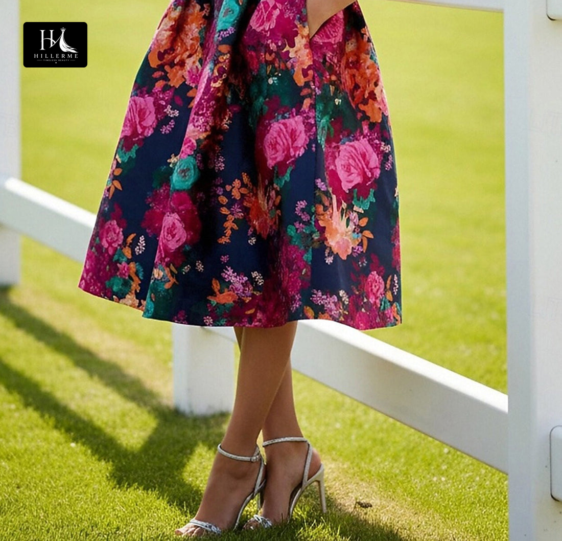 Square-Neck Sleeveless Sequined Print-Satin Tea-Length A-Line Mother of the Bride Dress