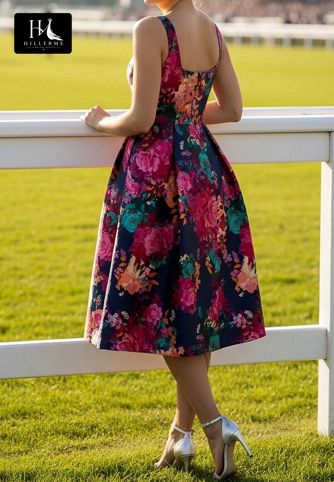 Square-Neck Sleeveless Sequined Print-Satin Tea-Length A-Line Mother of the Bride Dress