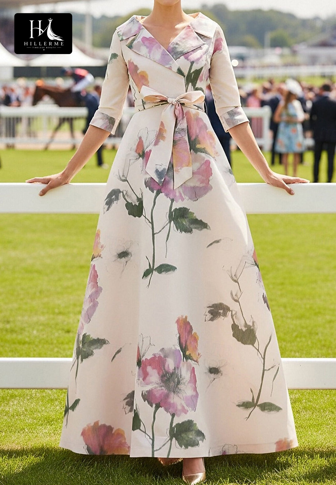 V-Neck Half-Sleeve Print Satin Floor-Length A-Line Mother of the Bride Dress