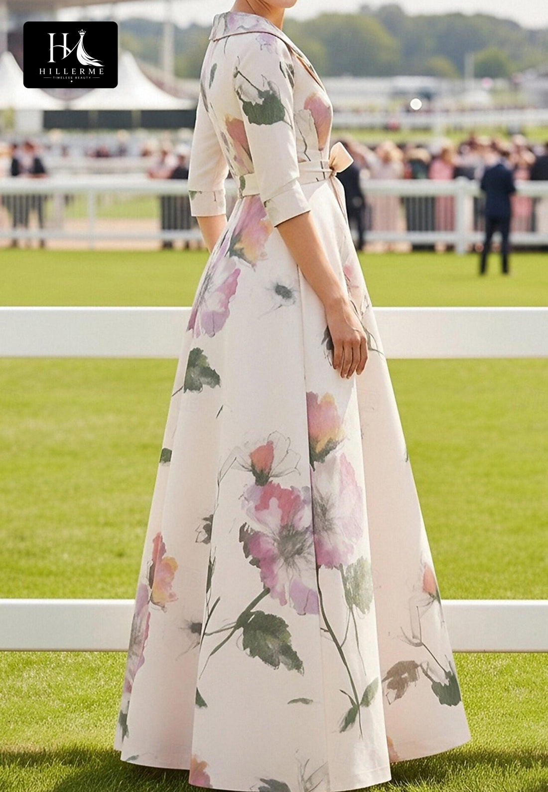 V-Neck Half-Sleeve Print Satin Floor-Length A-Line Mother of the Bride Dress