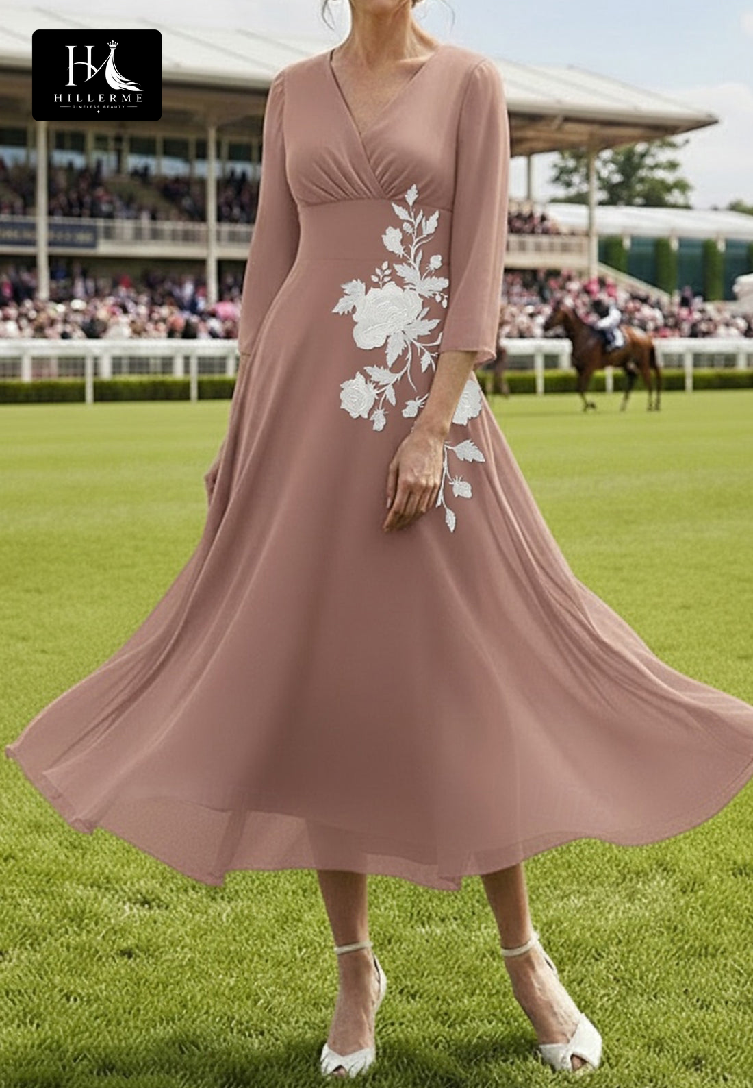 V-Neck 3/4-Sleeve Appliqué Chiffon Pleated Ankle-Length A-Line Mother of the Bride Dress