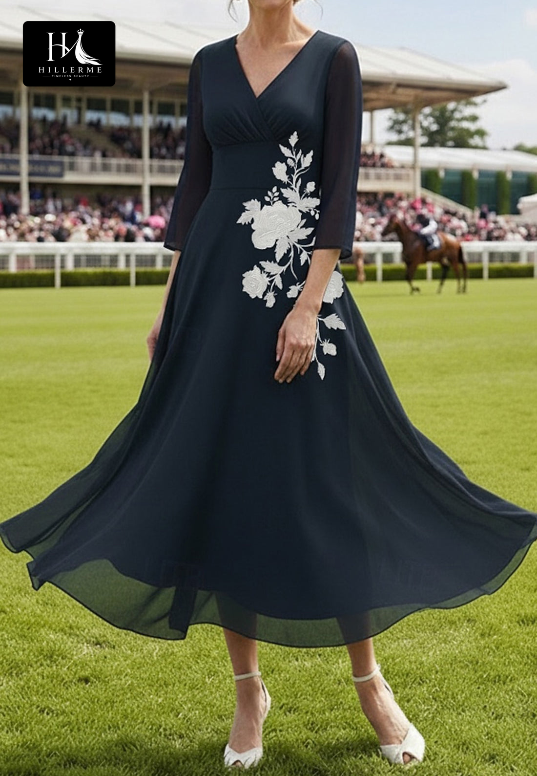 V-Neck 3/4-Sleeve Appliqué Chiffon Pleated Ankle-Length A-Line Mother of the Bride Dress