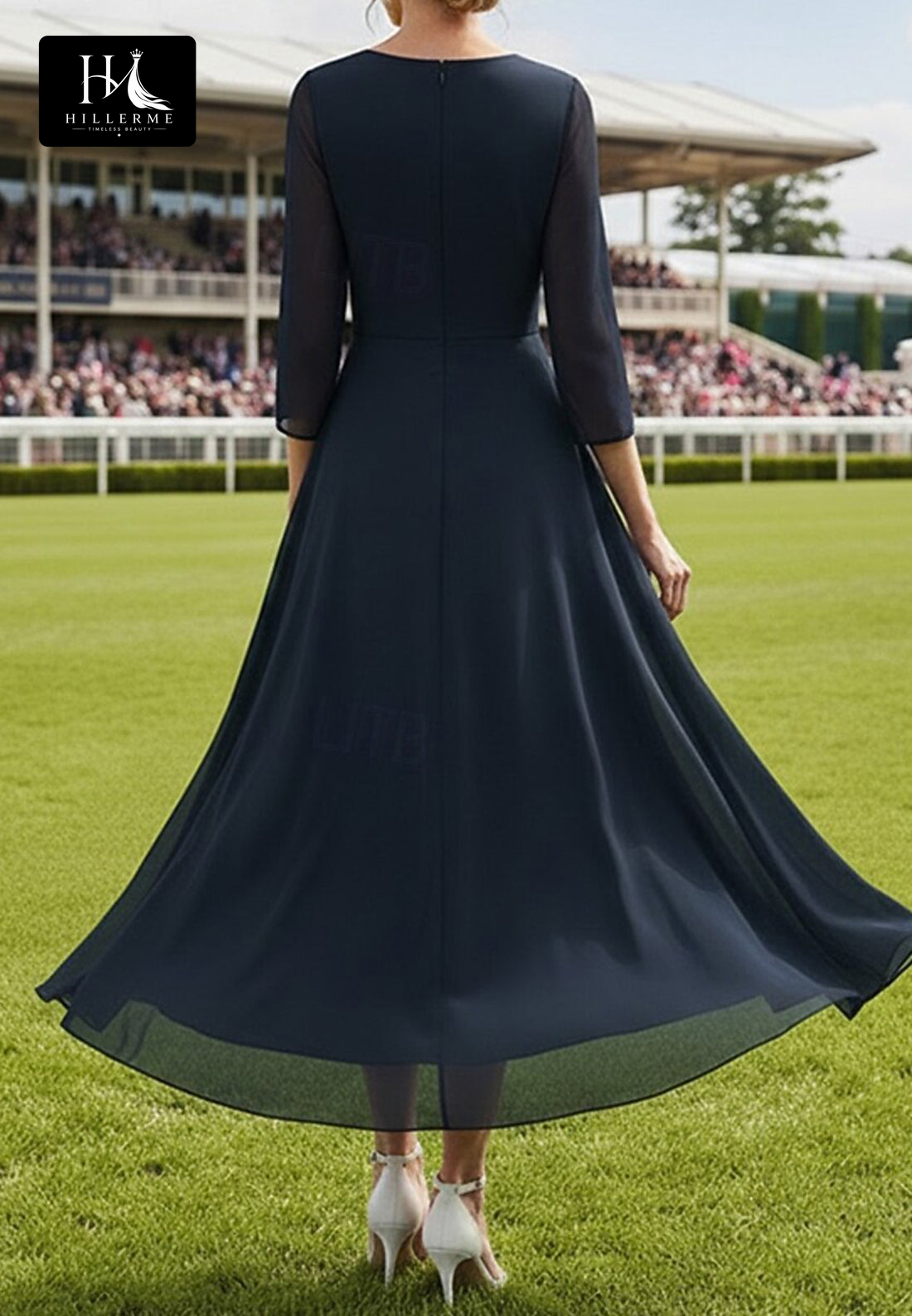 V-Neck 3/4-Sleeve Appliqué Chiffon Pleated Ankle-Length A-Line Mother of the Bride Dress