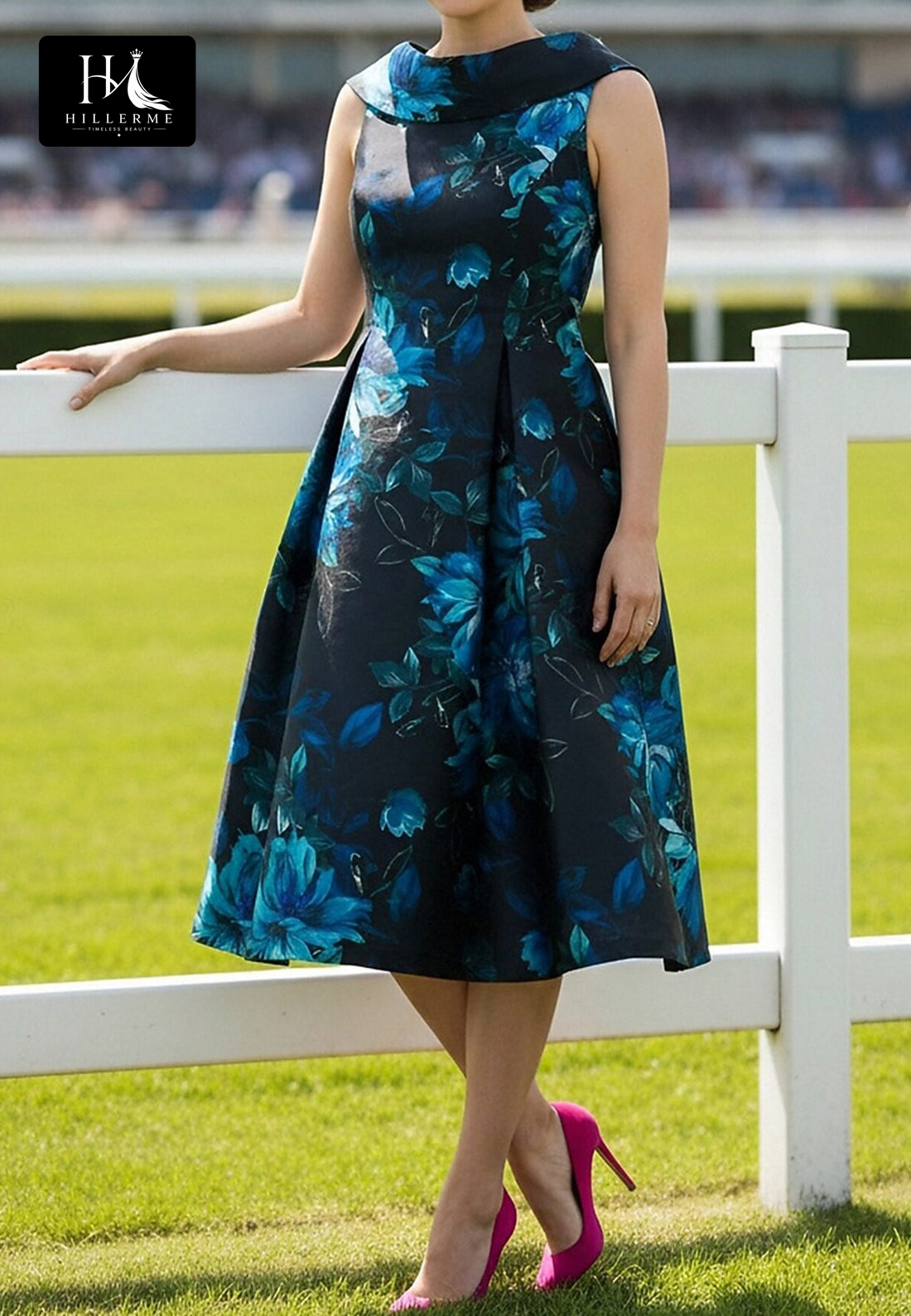 Sleeveless A-Line Mother of the Bride Dress with Scoop Neck, Collar Detail, and Pleated Print Satin Skirt