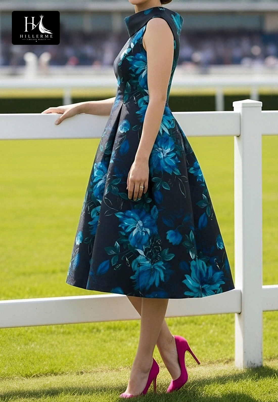 Sleeveless A-Line Mother of the Bride Dress with Scoop Neck, Collar Detail, and Pleated Print Satin Skirt