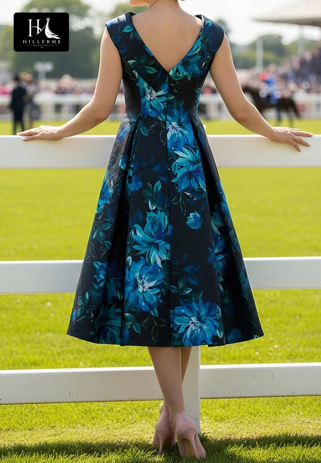 Sleeveless A-Line Mother of the Bride Dress with Scoop Neck, Collar Detail, and Pleated Print Satin Skirt