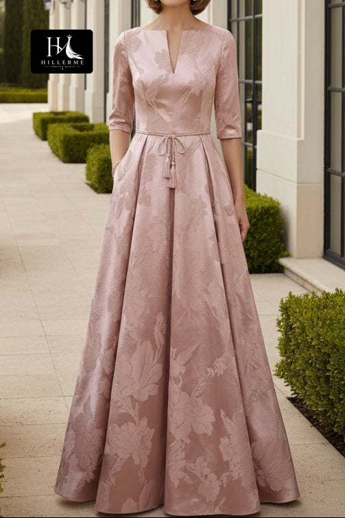 Dusty Rose Jacquard A-Line Gown with 3/4 Sleeves and Belt Detail