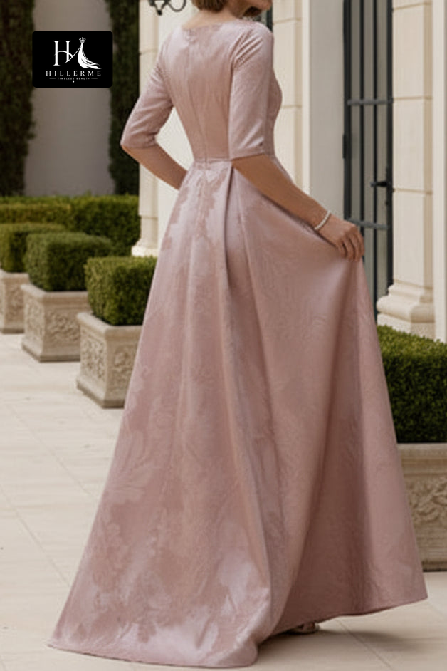 Dusty Rose Jacquard A-Line Gown with 3/4 Sleeves and Belt Detail