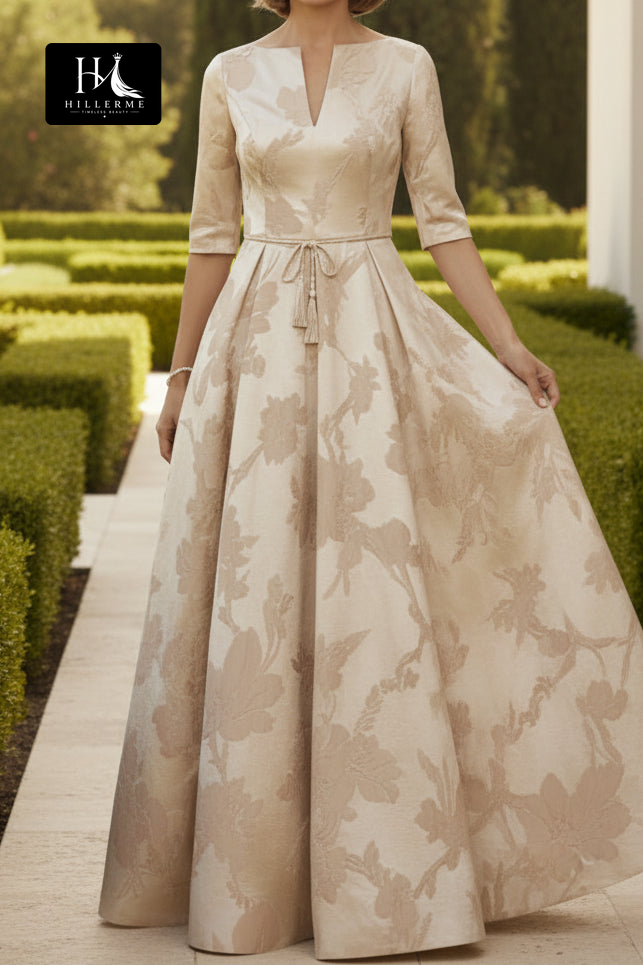 Dusty Rose Jacquard A-Line Gown with 3/4 Sleeves and Belt Detail