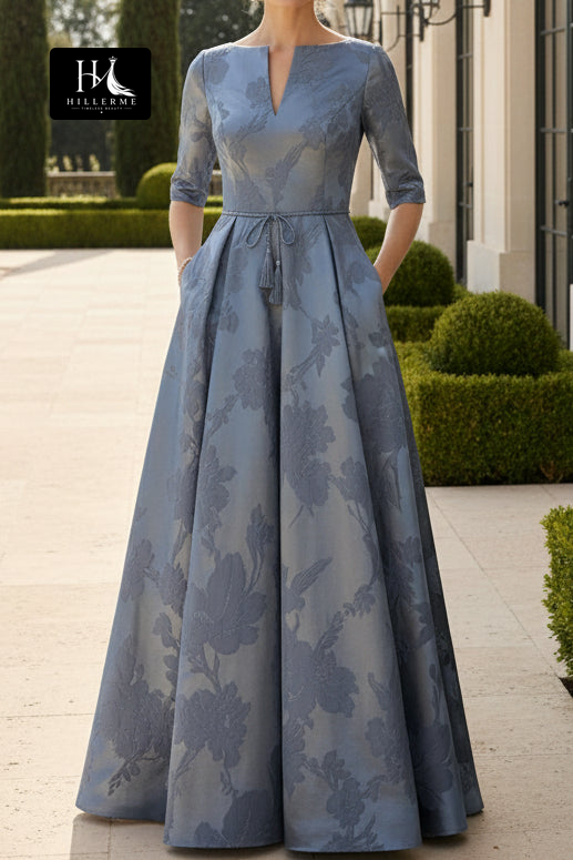 Dusty Rose Jacquard A-Line Gown with 3/4 Sleeves and Belt Detail