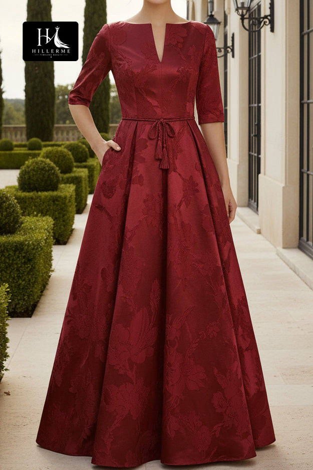 Dusty Rose Jacquard A-Line Gown with 3/4 Sleeves and Belt Detail