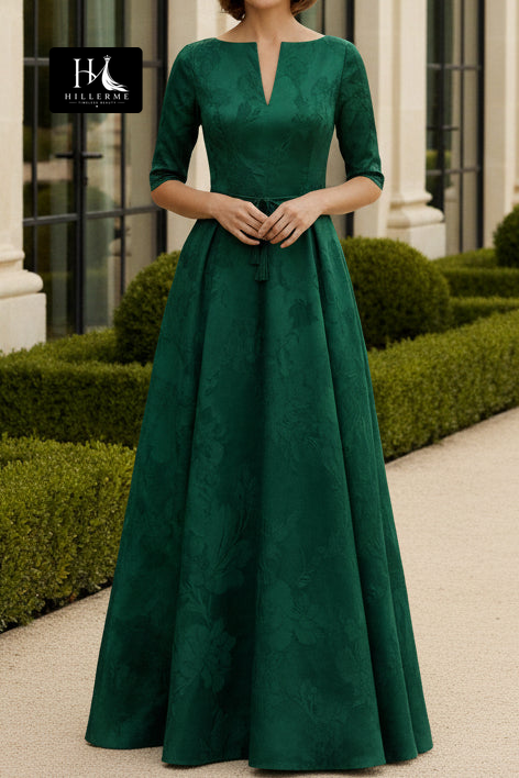 Dusty Rose Jacquard A-Line Gown with 3/4 Sleeves and Belt Detail
