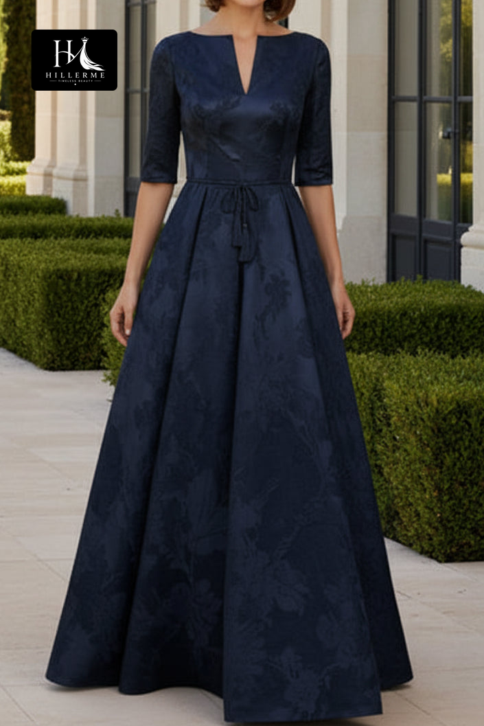 Dusty Rose Jacquard A-Line Gown with 3/4 Sleeves and Belt Detail