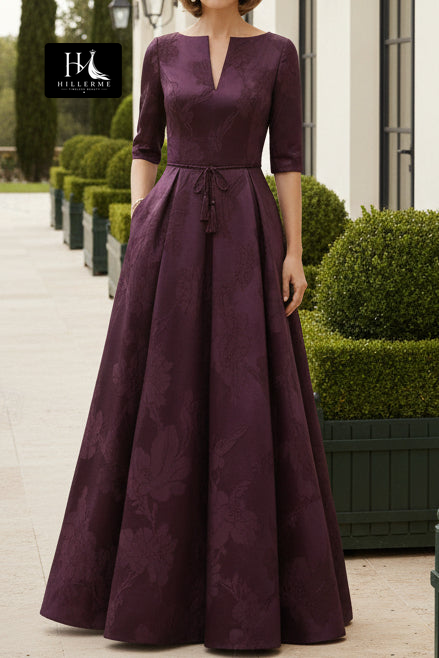 Dusty Rose Jacquard A-Line Gown with 3/4 Sleeves and Belt Detail