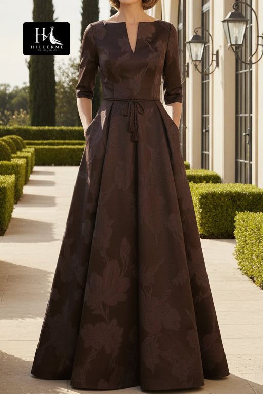 Dusty Rose Jacquard A-Line Gown with 3/4 Sleeves and Belt Detail
