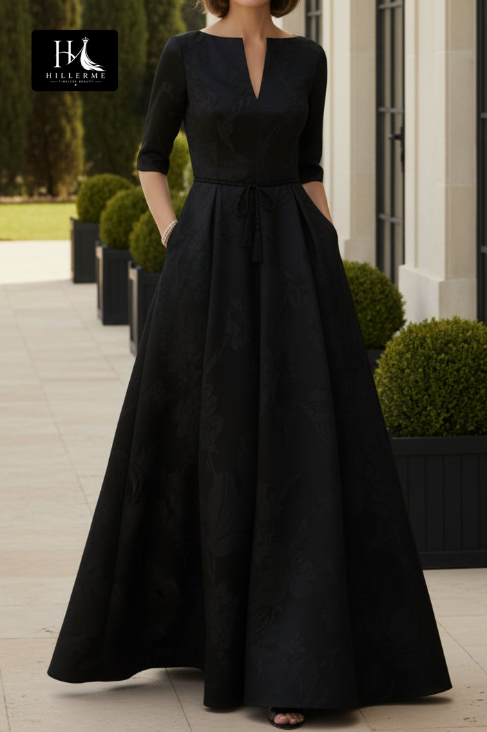 Dusty Rose Jacquard A-Line Gown with 3/4 Sleeves and Belt Detail