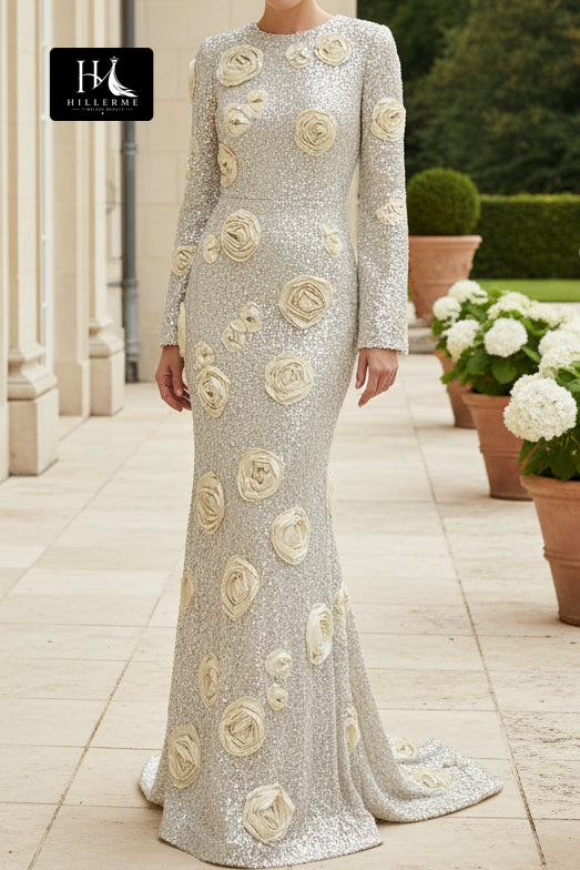 Elegant High-Neck Mermaid Gown with 3D Floral Appliques and Sequined Long Sleeves