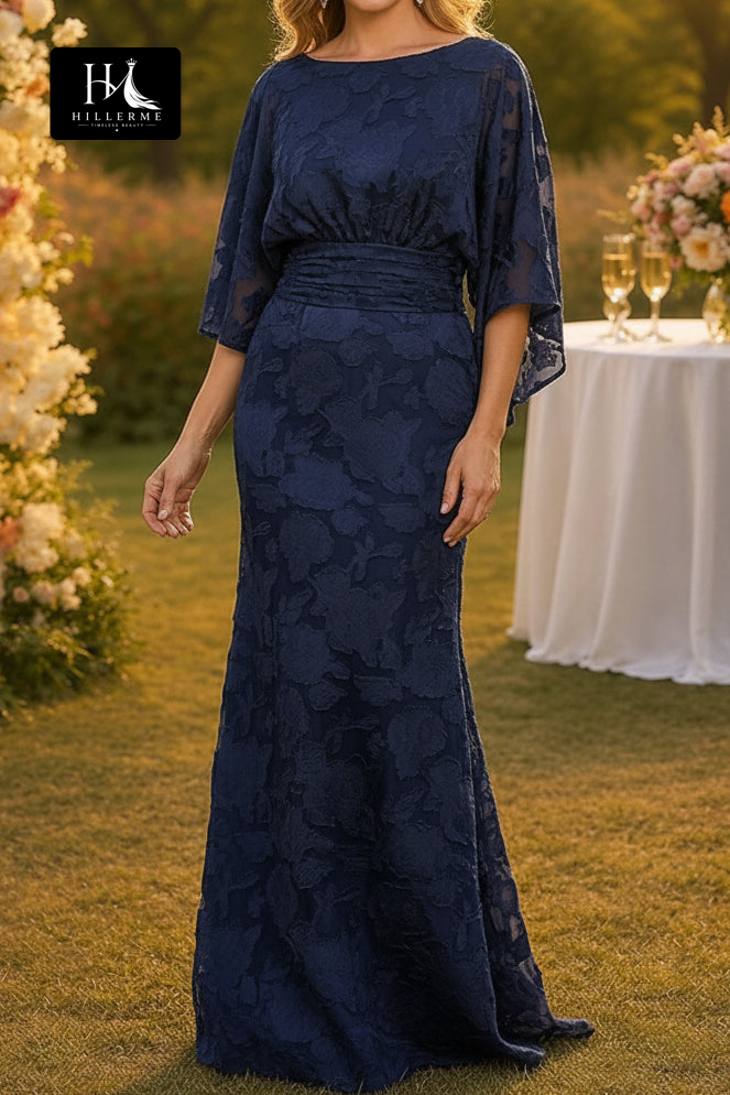 Navy Blue Floral Lace Mermaid Gown with Flutter Sleeves