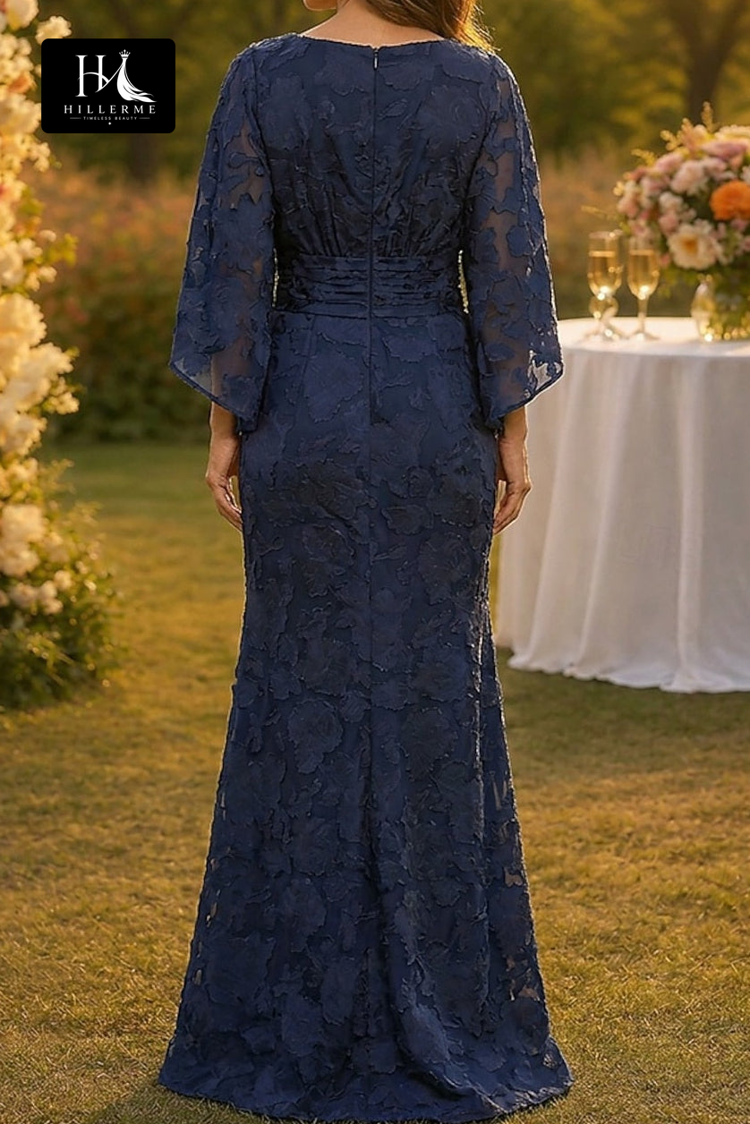 Navy Blue Floral Lace Mermaid Gown with Flutter Sleeves
