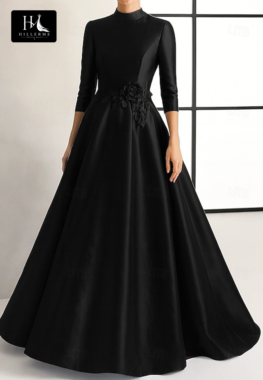 High-Neck 3/4-Sleeve Floral-Embellished Satin Floor-Length A-Line Mother of the Bride Dress