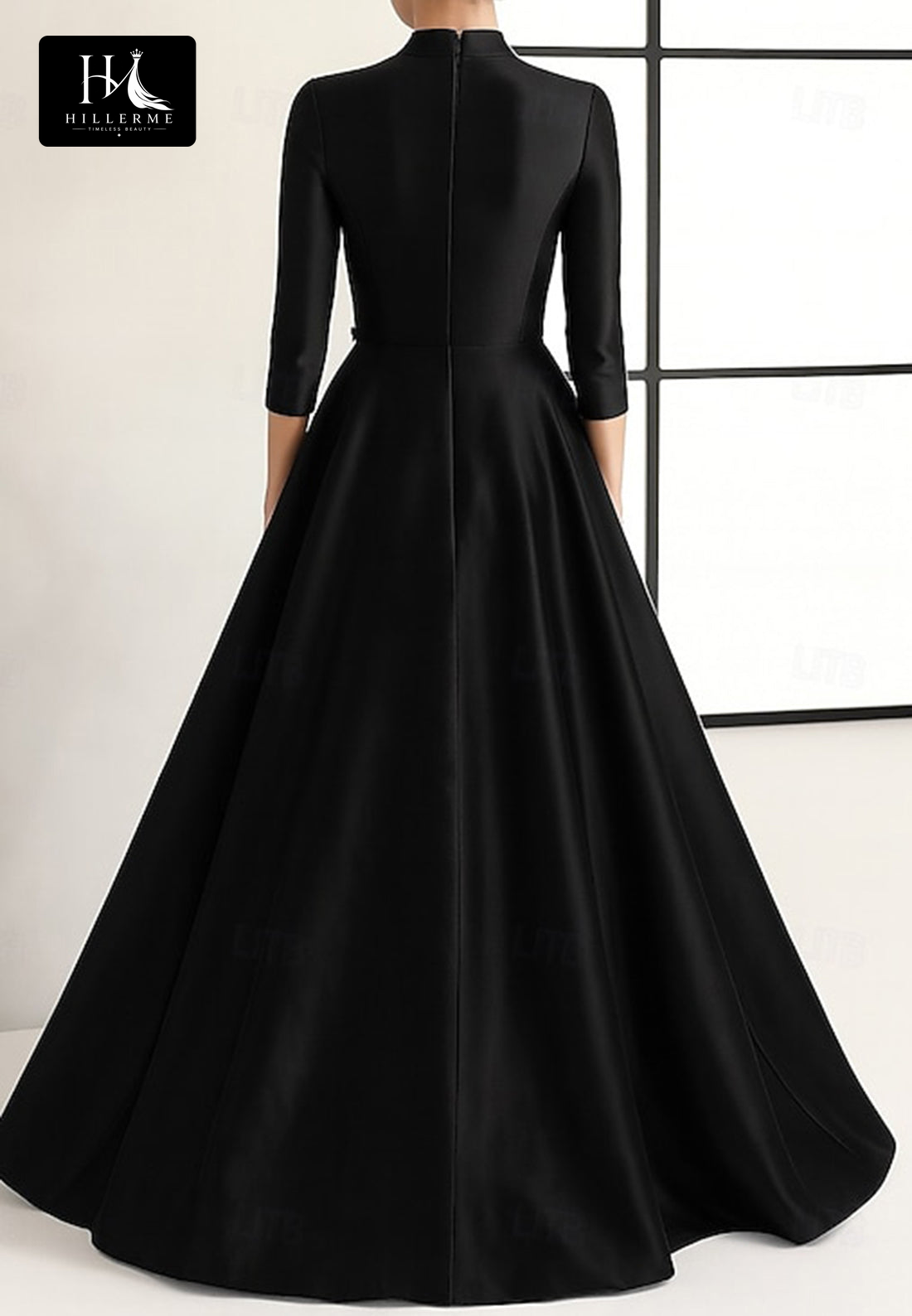 High-Neck 3/4-Sleeve Floral-Embellished Satin Floor-Length A-Line Mother of the Bride Dress