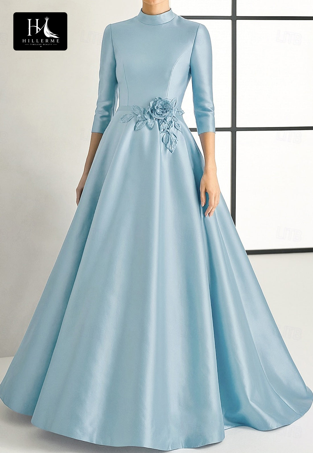 High-Neck 3/4-Sleeve Floral-Embellished Satin Floor-Length A-Line Mother of the Bride Dress