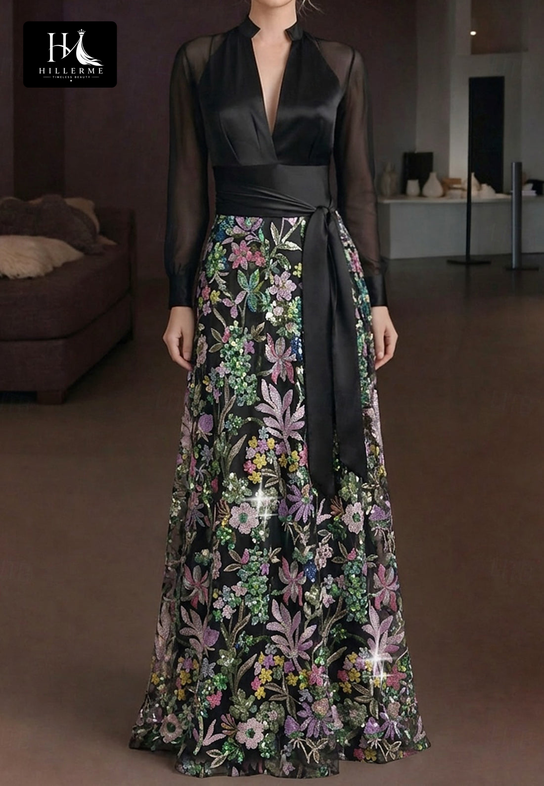 Strapless Deep V-Neck Long-Sleeve Multi-Color Sequined Appliqué Fitted Mother of the Bride Dress
