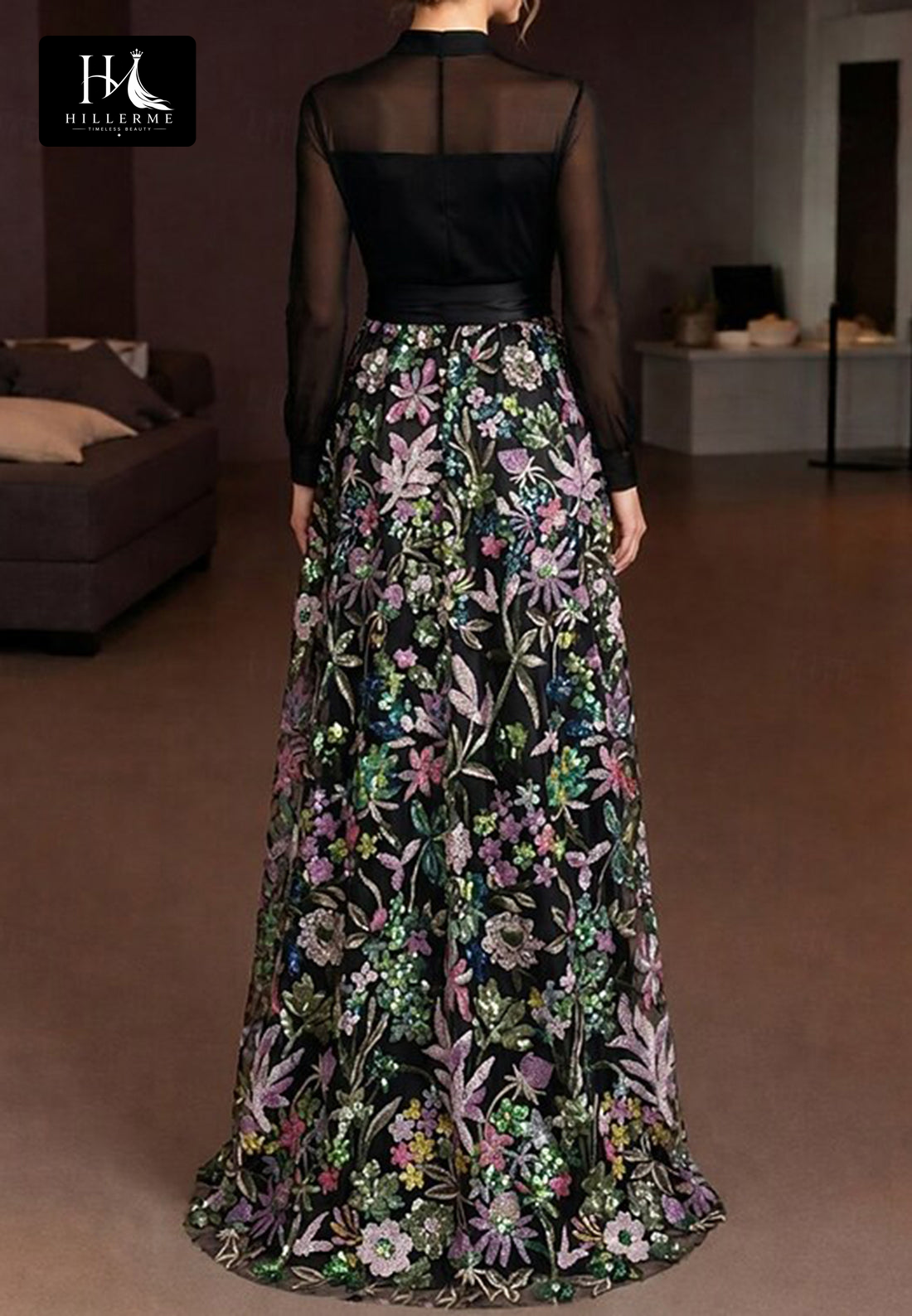Strapless Deep V-Neck Long-Sleeve Multi-Color Sequined Appliqué Fitted Mother of the Bride Dress