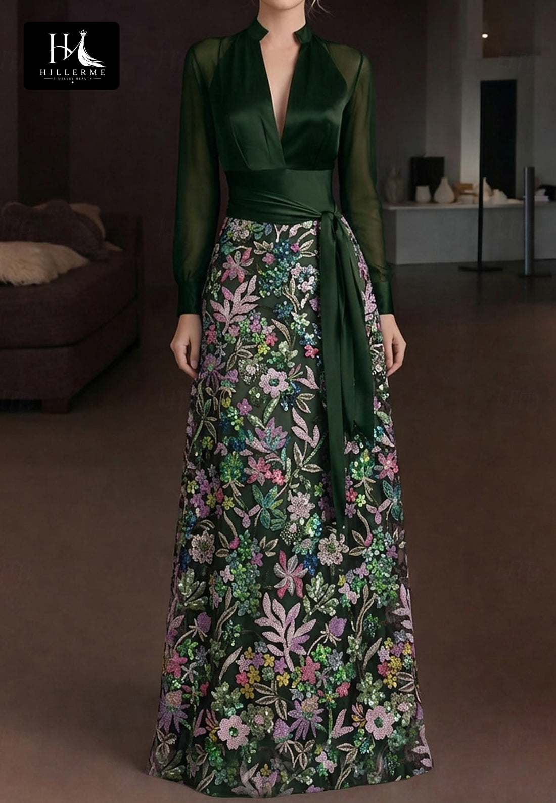 Strapless Deep V-Neck Long-Sleeve Multi-Color Sequined Appliqué Fitted Mother of the Bride Dress