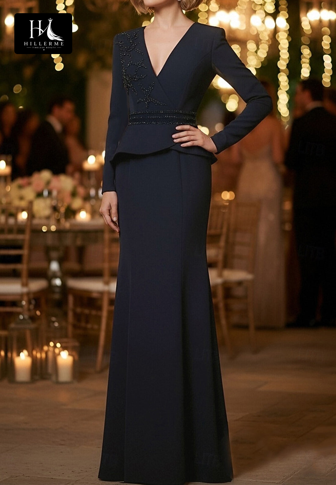 V-Neck Long-Sleeve Rhinestone Satin Floor-Length Mermaid Mother of the Bride Dress