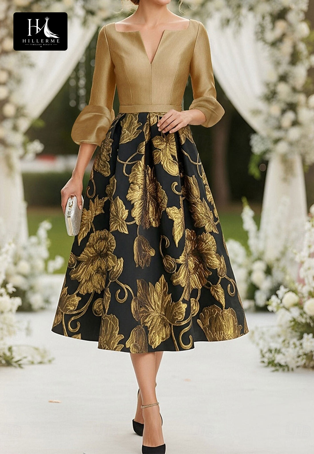 Tea-Length A-Line Mother of the Bride Dress with V-Neck and 3/4 Sleeves in Two-Tone Jacquard Satin