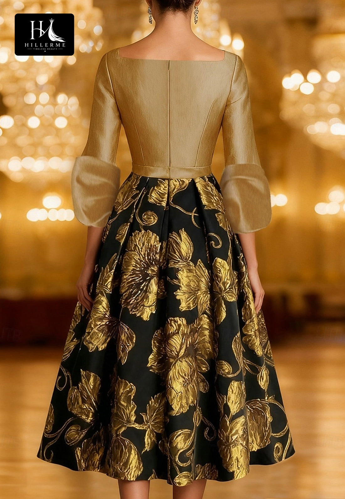 Tea-Length A-Line Mother of the Bride Dress with V-Neck and 3/4 Sleeves in Two-Tone Jacquard Satin