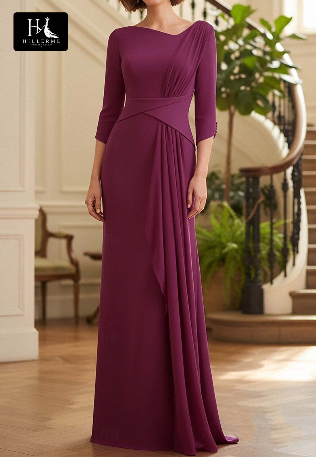 Asymmetrical-Neck 3/4-Sleeve Floor-Length Chiffon Pleated Fitted Mother of the Bride Dress