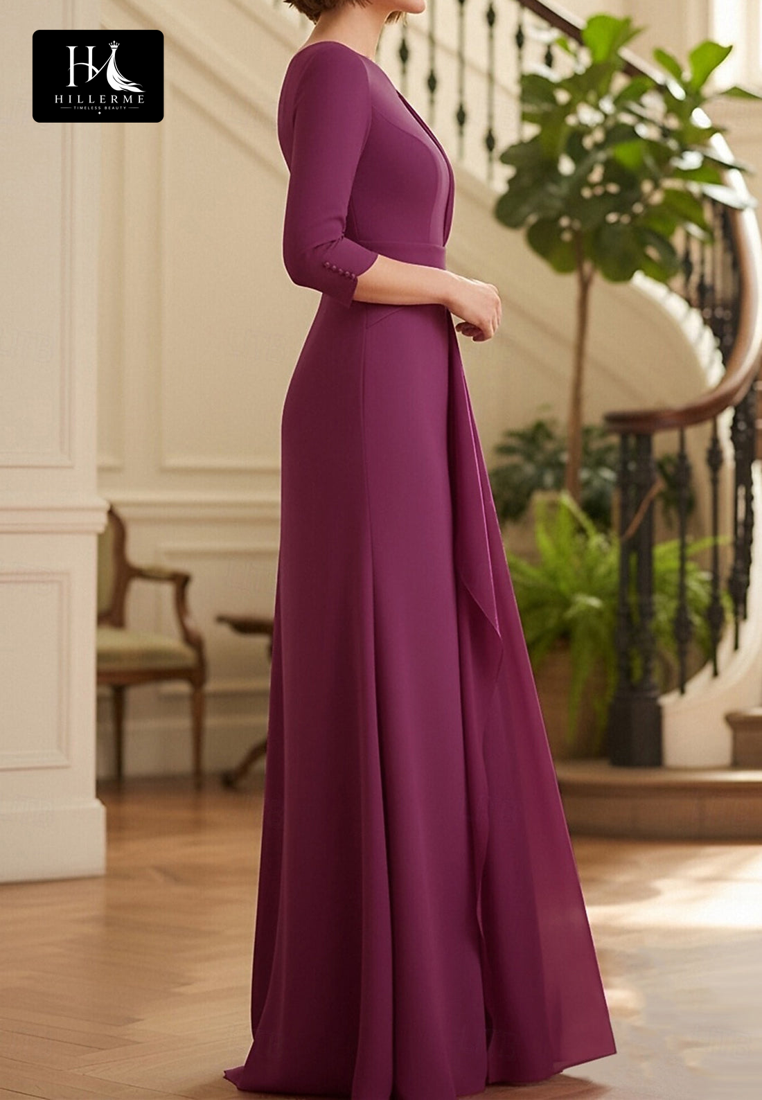 Asymmetrical-Neck 3/4-Sleeve Floor-Length Chiffon Pleated Fitted Mother of the Bride Dress