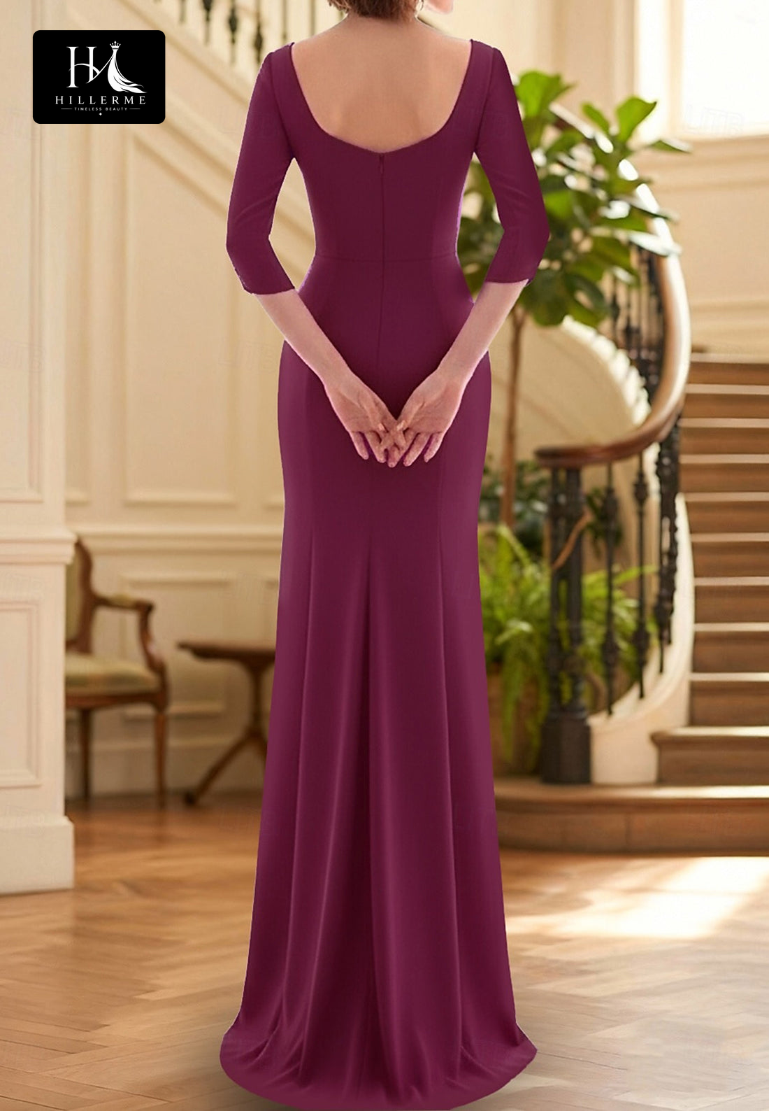 Asymmetrical-Neck 3/4-Sleeve Floor-Length Chiffon Pleated Fitted Mother of the Bride Dress