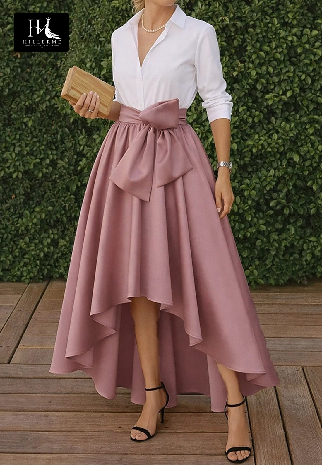 Two-Tone Satin Pleated High-Low A-Line Gown with Collared V-Neck for Mother of the Bride