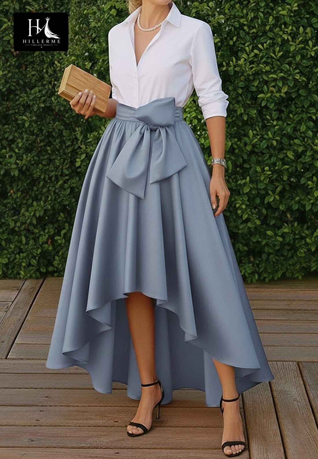 Two-Tone Satin Pleated High-Low A-Line Gown with Collared V-Neck for Mother of the Bride